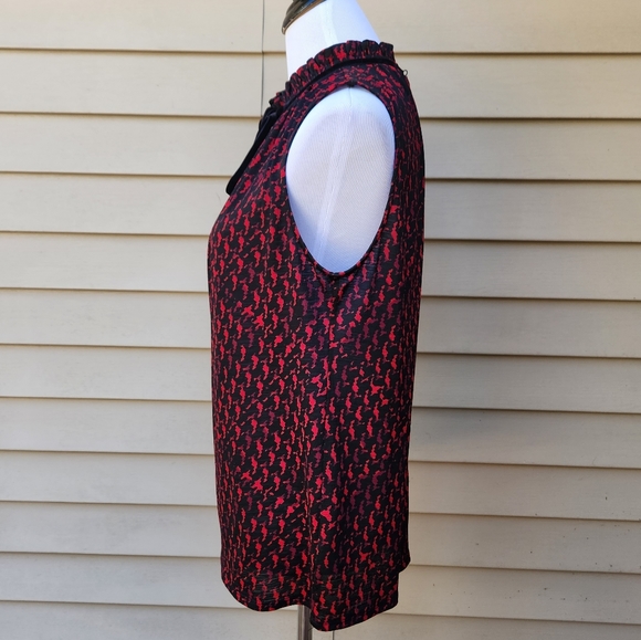 Worthington Shell Blouse Red Black Print Mockneck Bow Detail Sleeveless - Picture 7 of 13
